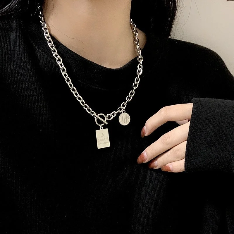 

Hip hop punk Necklace women's Korean fashion new English disc square pendant temperament versatile men's and women's clavicle