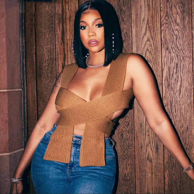 Укороченный вязаный свитер без рукавов сексуальный осенне-летний топ Черный