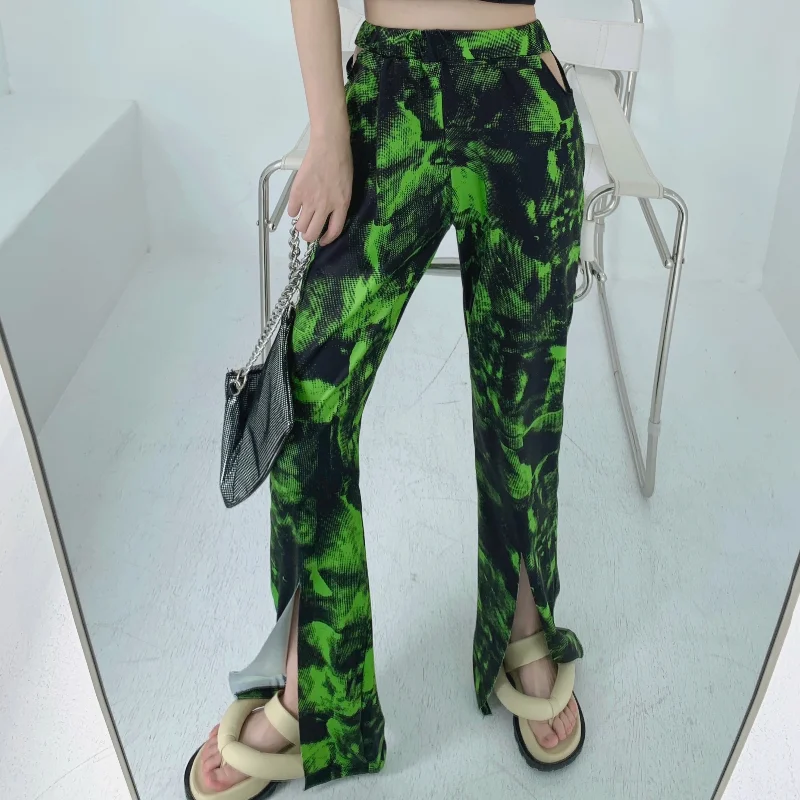 

Sexy Hollow Bell Bottom Pants Women Harajuke Die Dye Y2k Pants Hot Girl High Waist Slit Mopping Flared Trousers Woman