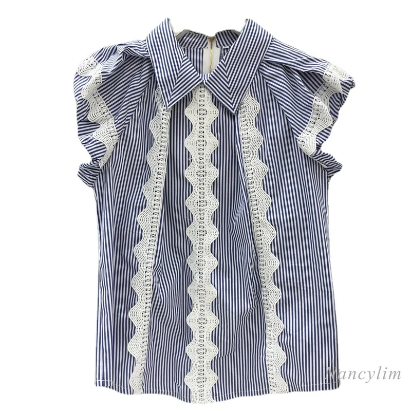 

Retro Puff Sleeve Lace Splicing Pullover Striped Blouse Woman Short Sleeve Shirt Loose All-Matching Top Zipper Back