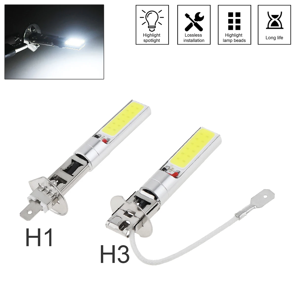 

1Pcs H1/H3 Canbus Super Bright LED Bulb White Car Fog Light Headlight COB 12V 20W 6000K Running Light Bulb Auto Motorcycle Lamps