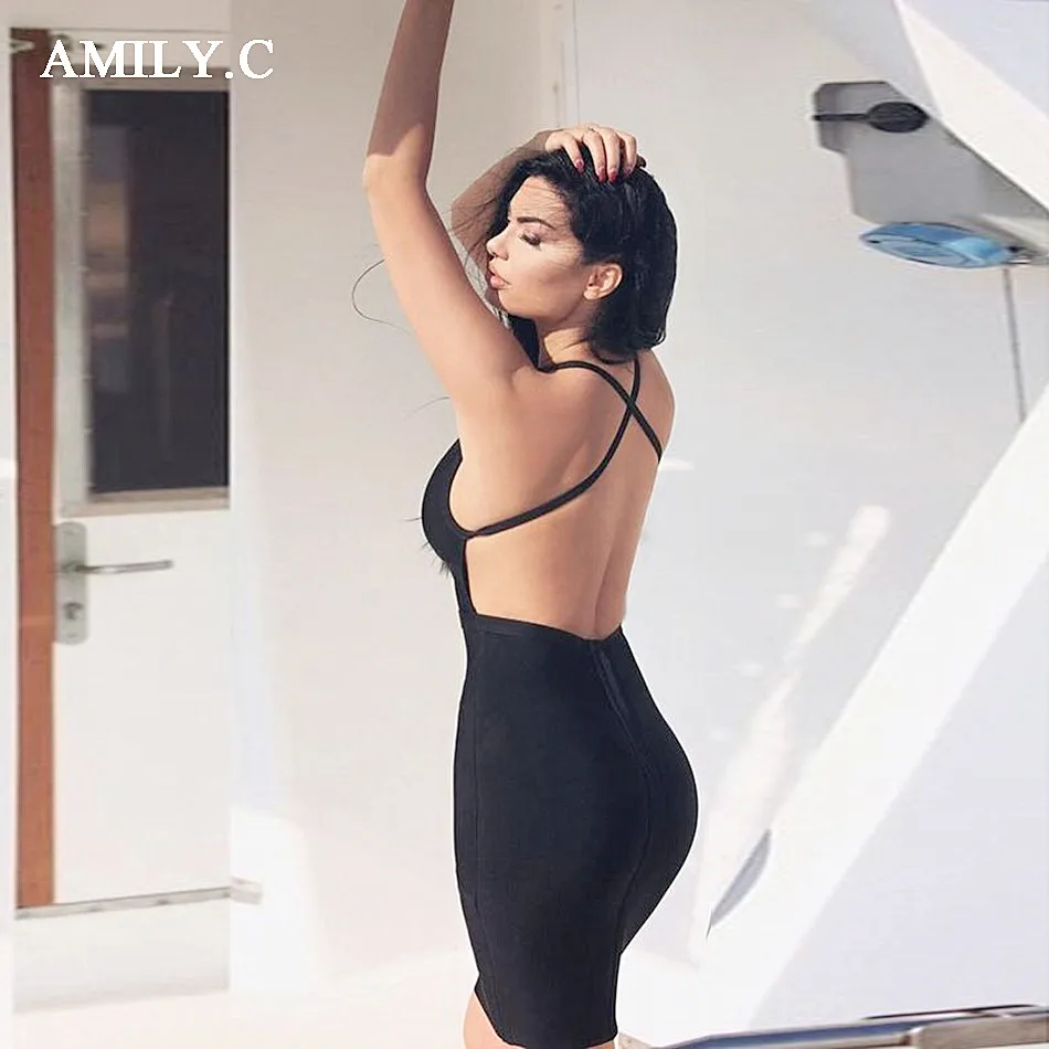 Женское Бандажное платье Amily.c Черное и зеленое облегающее с v-образным вырезом