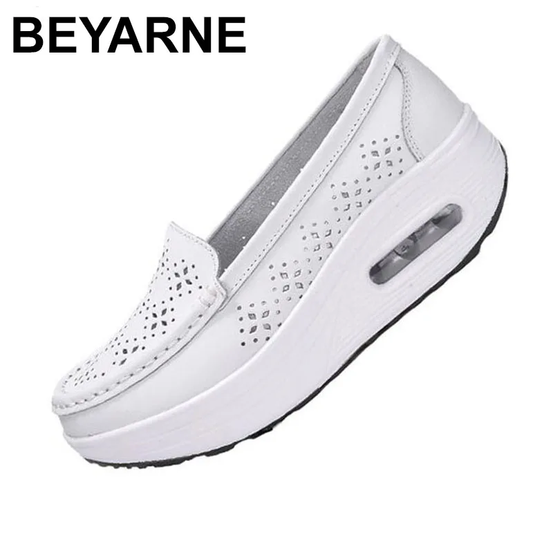 

BEYARNEWomen's shoes summer shoes genuine leather cutout breathable swing shoes white nurse shoes wedges increase mother's shoes