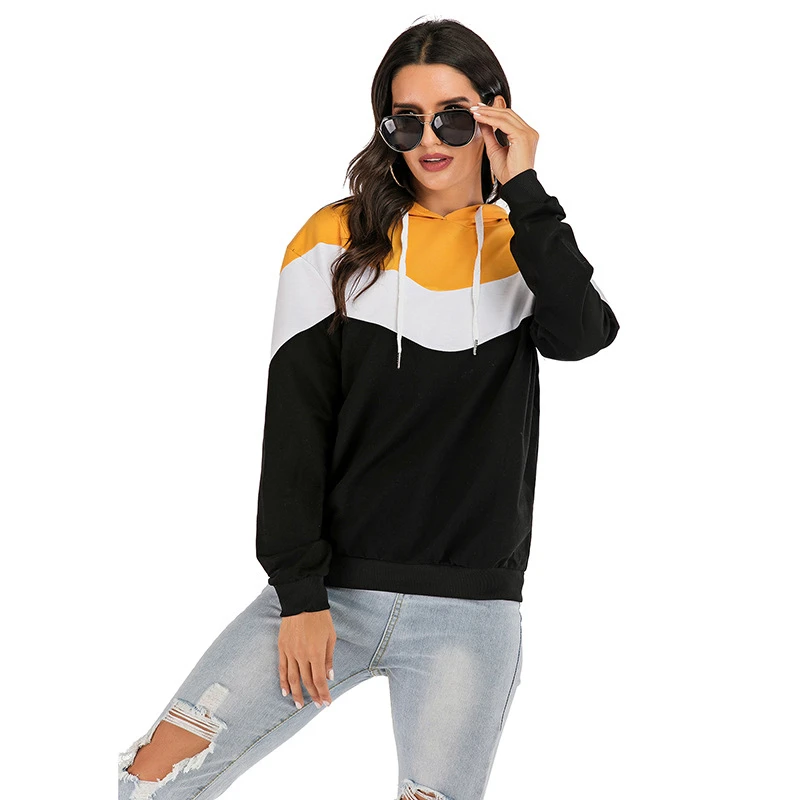 Black White Yellow Patchwork Colors Women's Hoodies Autumn Winter Casual Long Sleeve Hooded Sweatshirt For Woman Pullover Tops | Женская