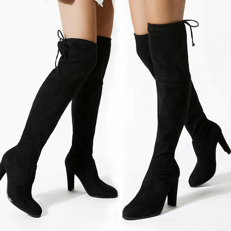 

Back Women Boots 2020 Spring Over The Knee Boots High Heels Fabric Flock Thigh Boots Long Winter Shoes Female Plus Big Size 40