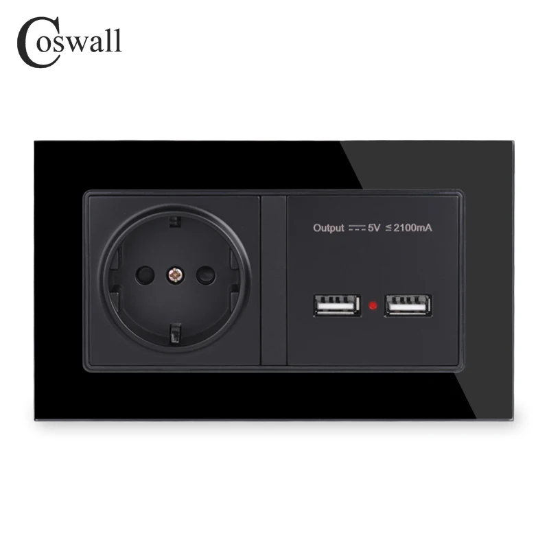 COSWALL настенная розетка, стандарт ЕС, розетка с двойным USB, умный индукционный порт зарядки для мобильных 2.1A, кристальная стеклянная панель