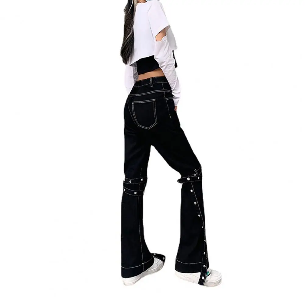 

Dropshipping High Waist Flared Jeans High Waist Long Pants Women Bandage Pockets Bell-bottom Trousers Trousers for Work