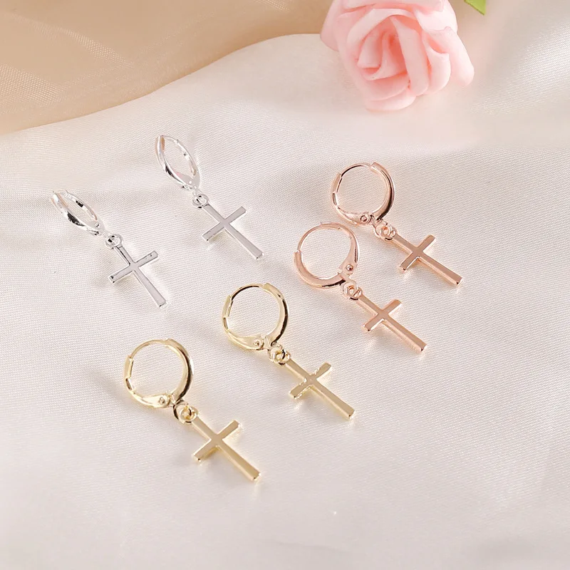 Luokey Simple Rose Gold Cross Earrings For Women 3 Colors Female Charm Huggie Hoops Minimalist Jewelry Accessories 2020 | Украшения и