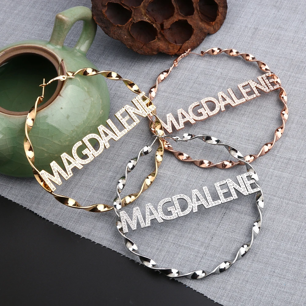 Lateefah Custom Names Hoop Earrings For Women Girls Unique Twisted Big Earrings Circle Earring Custom Stainless Fashion Jewelry
