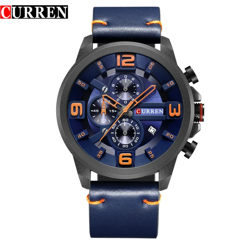 

CURREN Men Sport Quartz Chronograph Watch Male Fashion Casual Dress Date Leather Wristwatches Best Gift relojes hombre 8288 blue