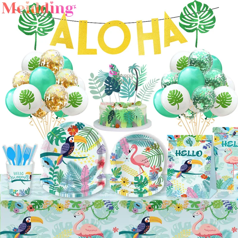 

Hawaii ALOHA Banner Palm Leaf Balloons Disposable Tableware Hawaiian Tropical Flamingo Luau Party Summer Wedding Decorations