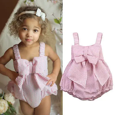 

Pudcoco Newborn Baby Girl Clothes Summer Sleeveless Strap Striped Ruffle Bowknot Romper Jumpsuit One-Piece Outfit Sunsuit