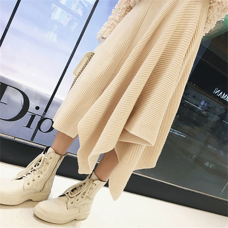 

Mozuleva Fashion A-line Irregular Women Sweater Skirt Elastic Waist Pleated Mid-length Female Knitted Skirts 2019 Winter Skirt