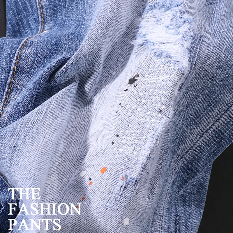 High Street Fashion Men Jeans Retro Light Blue Distressed Elastic Slim Fit Ripped Jeans Men Painted Designer Hip Hop Denim Pants