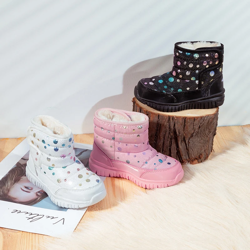 Zapatos de algod&oacute;n puro para ni&ntilde;a, botines informales c&aacute;lidos de terciopelo, botas de nieve antideslizantes suaves y c&oacute;modas para actividades al aire libre, Invierno-4