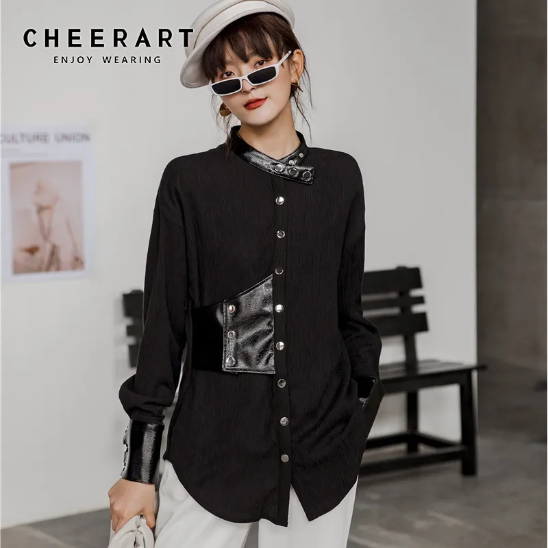 CHEERART 2020 кожаная Лоскутная рубашка женская шифоновая блузка с длинным рукавом