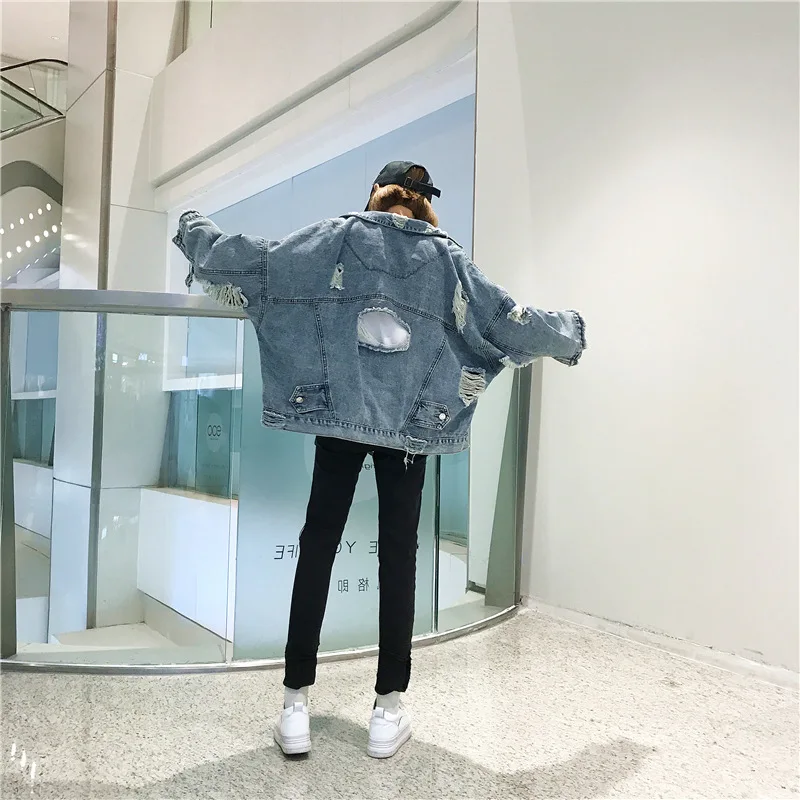 

Women's Loose Cotton Denim Jacket Retro Blue Ripped Denim Coat Streetwear Female Autumn Fashion Outwear Clothing Plus Size