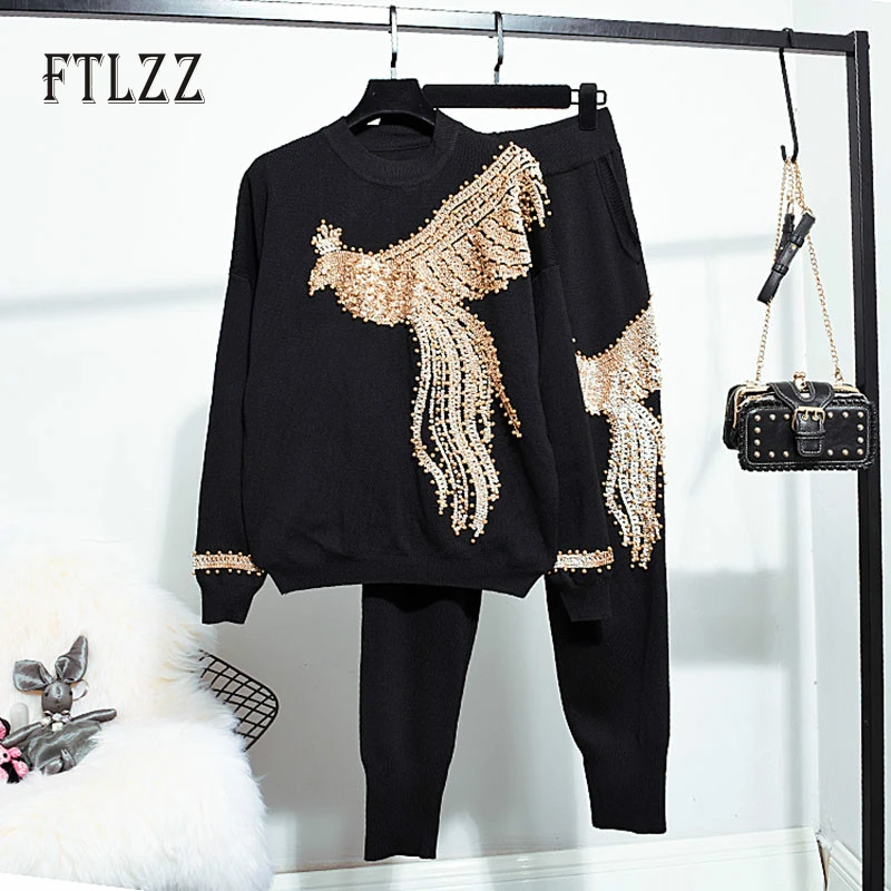 Женский трикотажный спортивный костюм свитер с блестками и бусинами брюки в