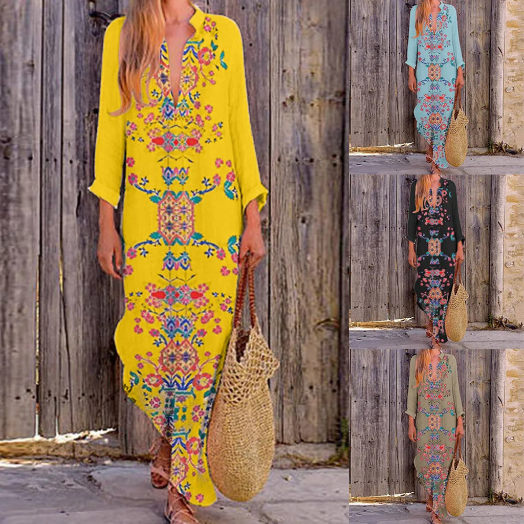 Женское платье из хлопка и льна макси-платье с цветочной вышивкой V-образным
