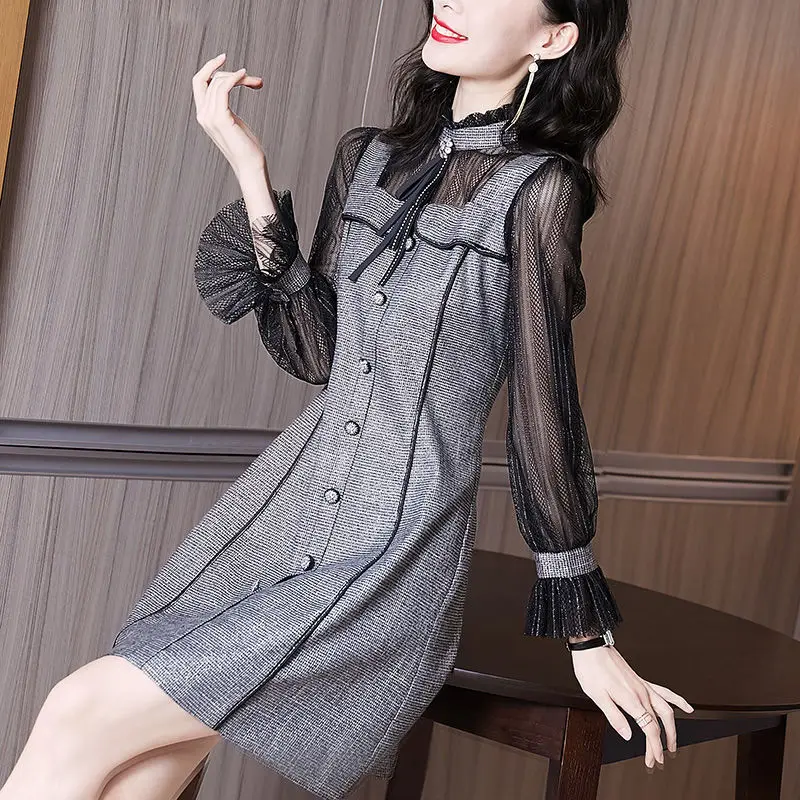 

2022 New Spring French Light Luxury Ladies Temperament Waist Reduction Age Slimming Professional Mesh Long-sleeved Dress