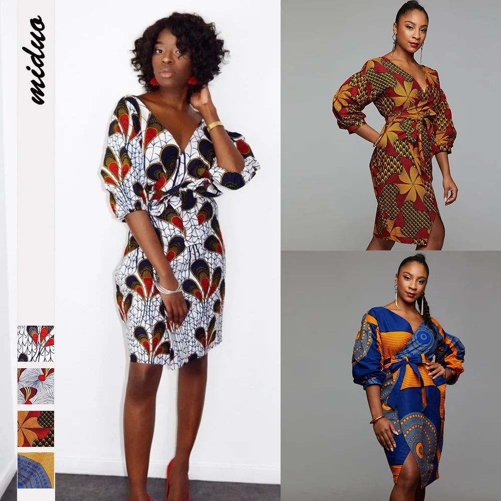 

African New Products National Style Fashion V-neck Lantern Sleeves Waist Dress Waist Slim Cardigan African Dress for Women k152