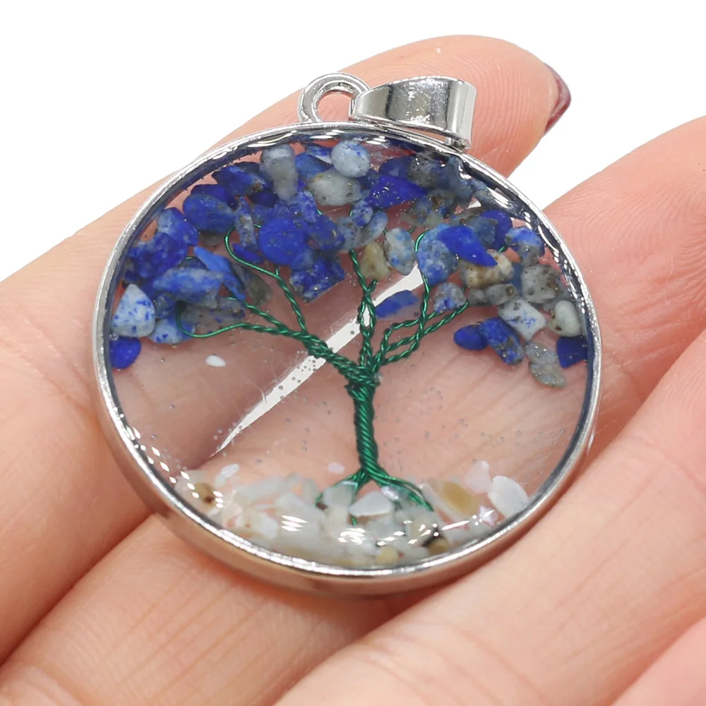 

Natural Stone Round Lapis Lazuli Gravel Tree Charm Pendant for DIY Necklace Earring Jewelry Making for Women Gift Size 33x33mm