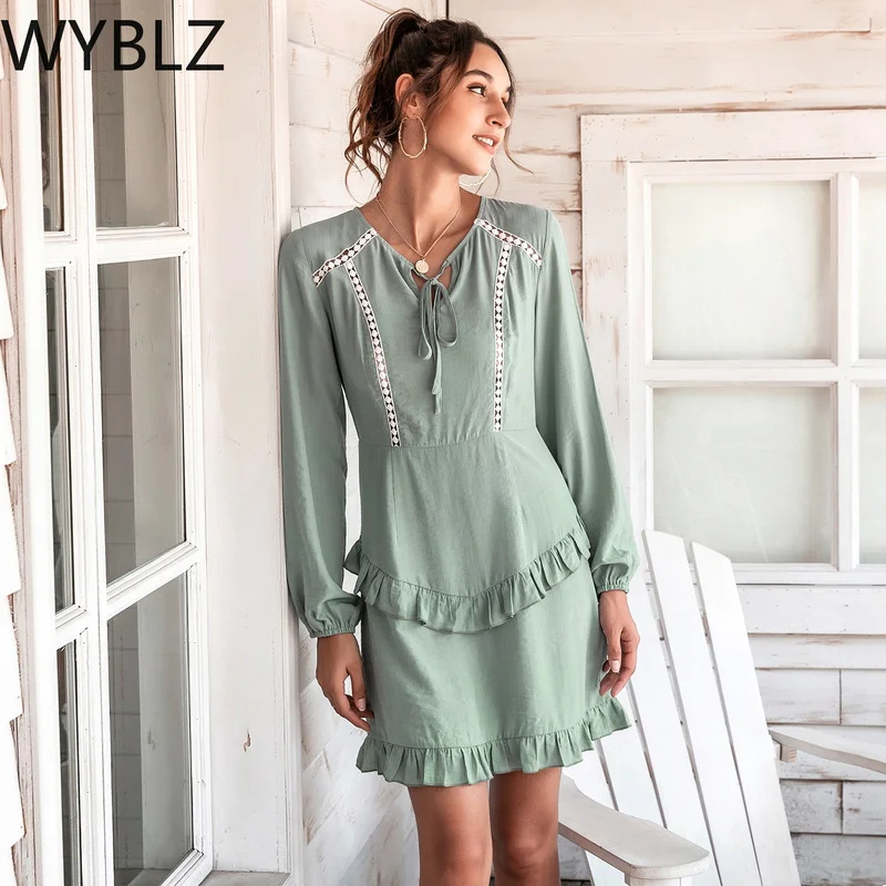 

WYBLZ 2021 Spring Summer Elegant Women Dress Puff Sleeve Round Neck Sweet Fashion Midi Dress Sexy Vintage Clothing Mini Dresses