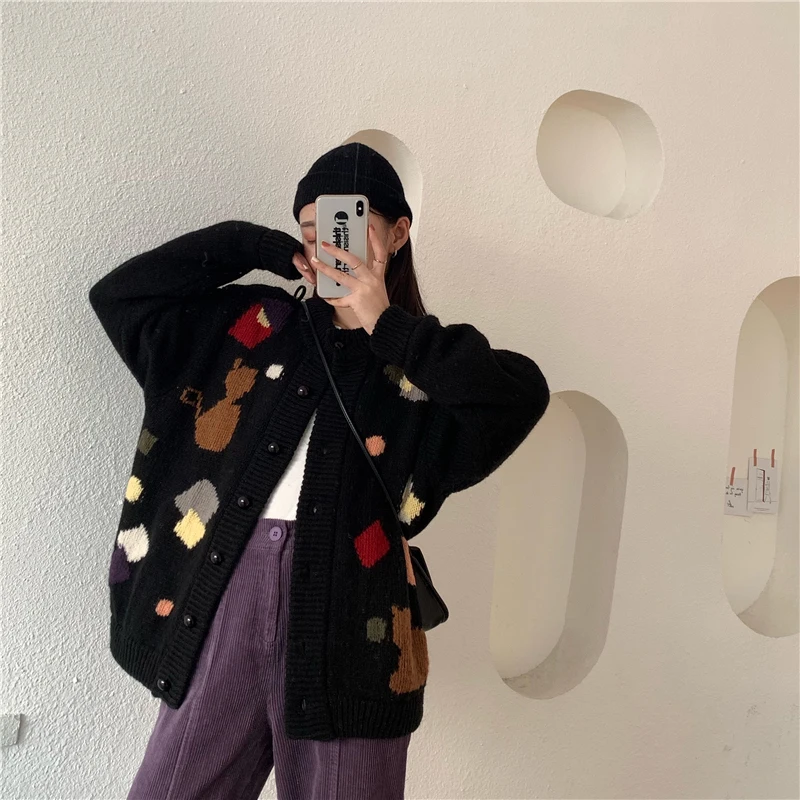 

HWLZLTZHT Autumn Women's Sweaters Knit Cardigan Cartoon Print Women Knitting Coat Winter Jacket Long Sleeve Women's Clothing