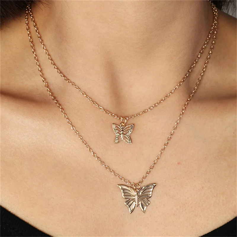 Creative Double Butterfly Pendant Necklace For Women Charming Lady Bow Choker Chain Jewelry Fashion New Year Gifts