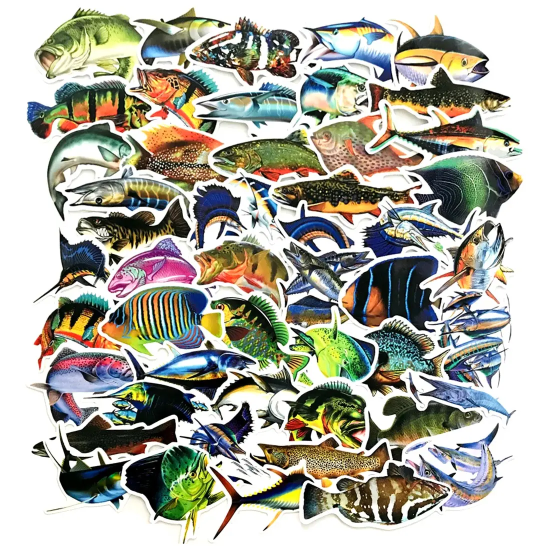 

50pcs Marine Sea Fish Mix Outdoor Fisherman Go Fishing Phone Laptop Car Stickers Pack for FishTank Bucket Box Waterproof Sticker