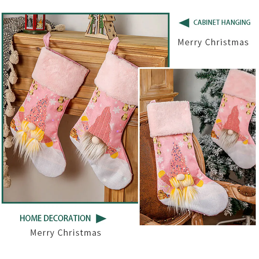 

Christmas Gift Bag Durable Pink Shop Window With Light LED Christmas Socks Christmas Tree Lucky Decorate Non-woven Fabric