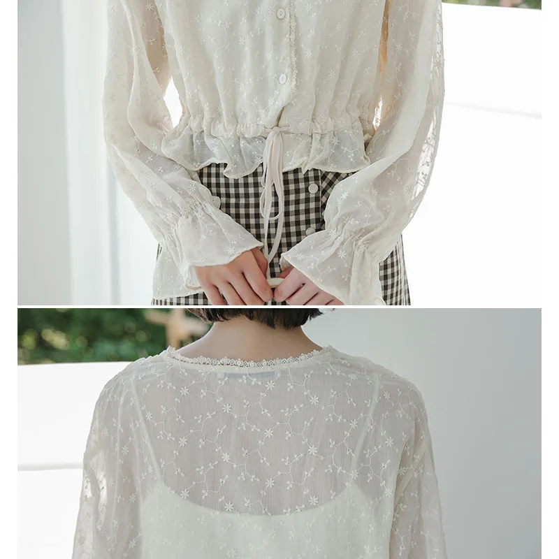 

Flowers Long Sleeve White Sunscreen Tops Autumn New V Neck Casual Lace Up Slim Shirts Korean Embroidered Lace Blouse Women 15706