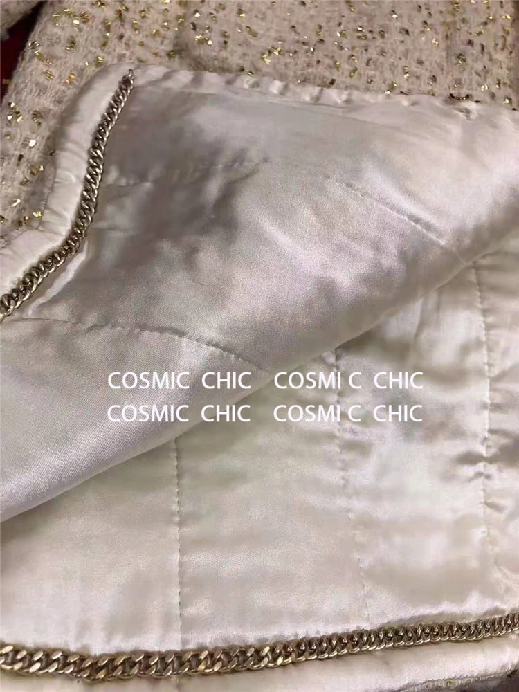 Cosmicchic Женская Осенняя элегантная белая короткая куртка Роскошная шерстяная твидовая куртка с длинными рукавами и золотым плетением нитей OL Женская куртка
