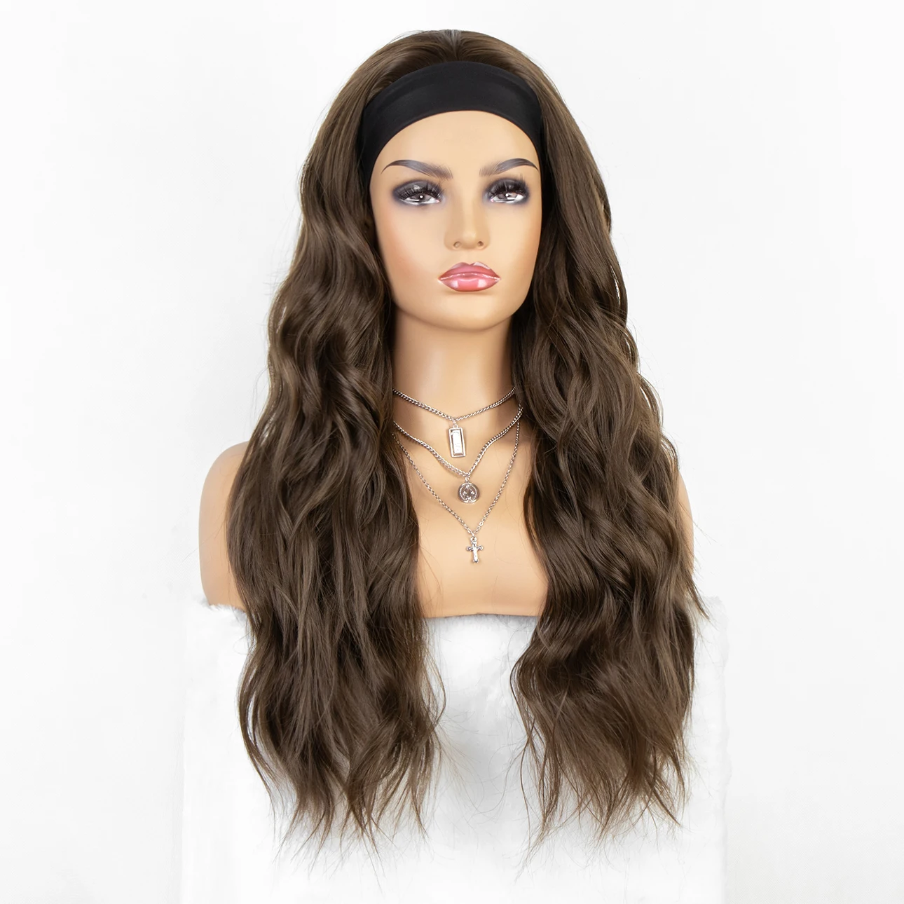 

kryssma Headband Wig Long Wavy Dark Brown Headband Synthetic Heat Resistant Synthetic Hair Wig Machine Made Wig For Black Women