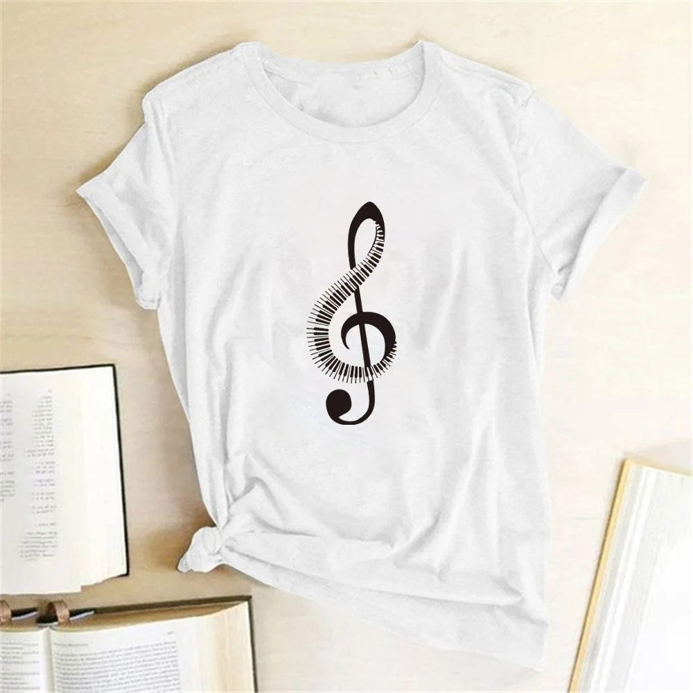 

Модная одежда для музыкальных фестивалей, женская летняя футболка с коротким рукавом, забавная Футболка с принтом музыкальных нот для женщ...