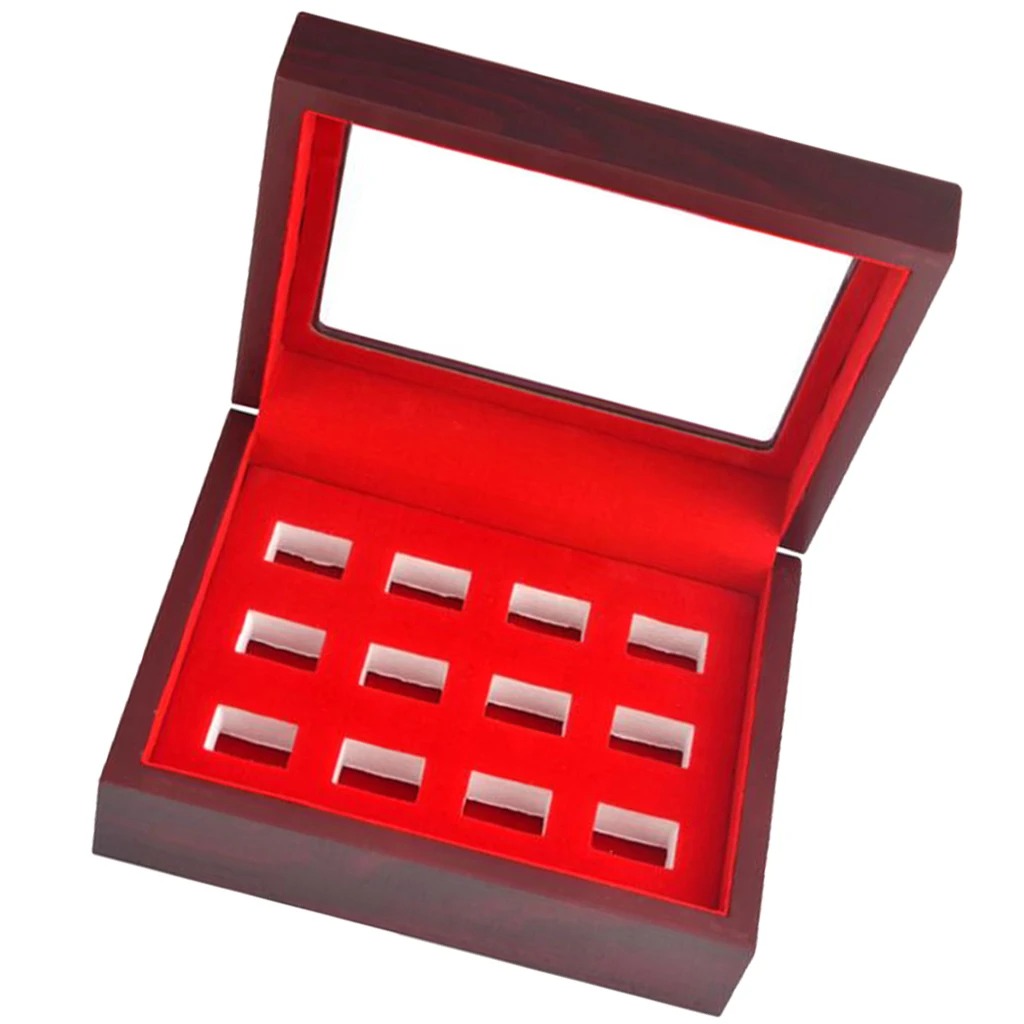 

Wooden Box Glass Lid 12 Hole Slot for Sports Fans Athlete Championship Ring Wine Red Wood and Red Interior Antique Collection