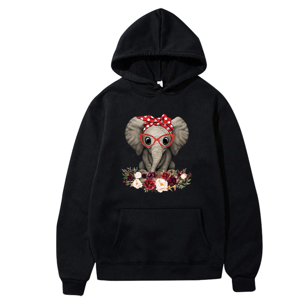 

Cartoon Elephant Print Sweatshirt Women Hoodies 2020 Autumn Long Sleeve Pullover Tops Casual Hooded Sweatshirts Streetwear