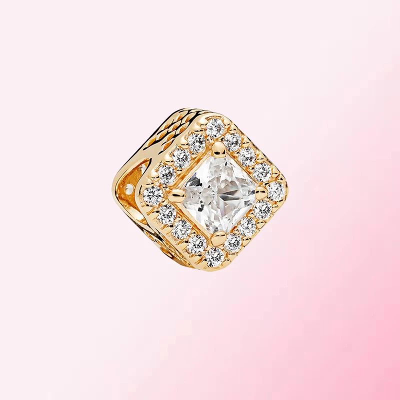 

Pandora 1:1 Make High Quality Original 925 Sterling Silver Square Golden Sparkling DIY Beads 756207CZ