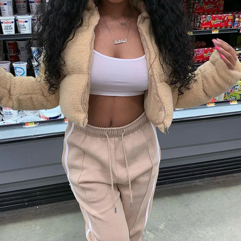 Short Fluffy Jacket Autumn Winter Parkas Lamb Wool Cotton Coat Stand Collar Fashion Casual Simple Warm Outwear Khaki Streetwear