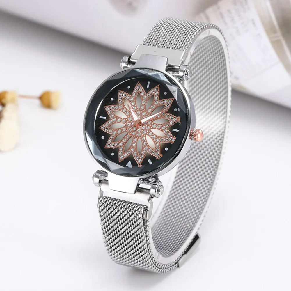 Новые модные женские часы с цветком и циферблатом бриллиантом магнитной пряжкой