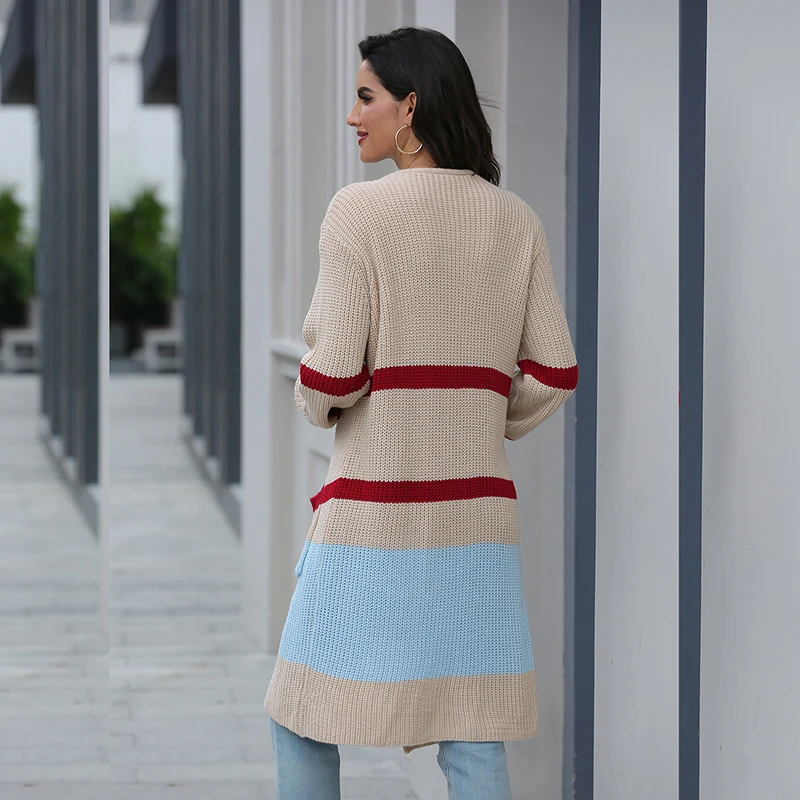 

QUEVOON Knitted Autumn Winter Cardigans Striped Patchwork Pockets Long Cardigan Sweaters For Women Office Outwear 2020 Oversize