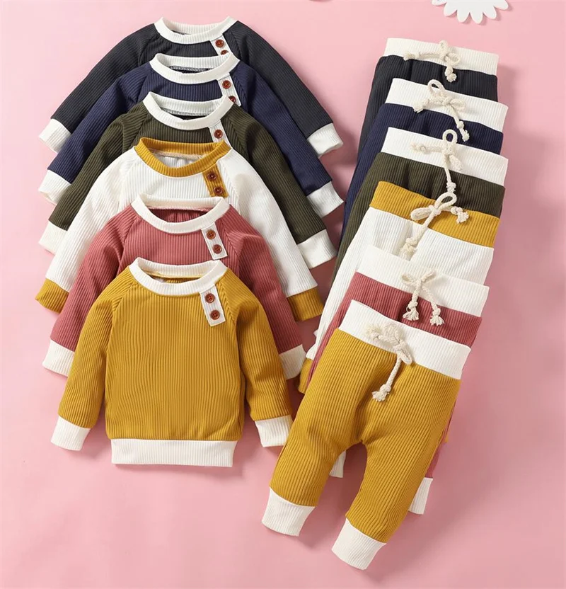 

Infant Newborn Baby Girl Boy Spring Autumn Ribbed Patchwork Clothes Sets Long Sleeve Pullovers + Elastic Pants 2PCs Outfits