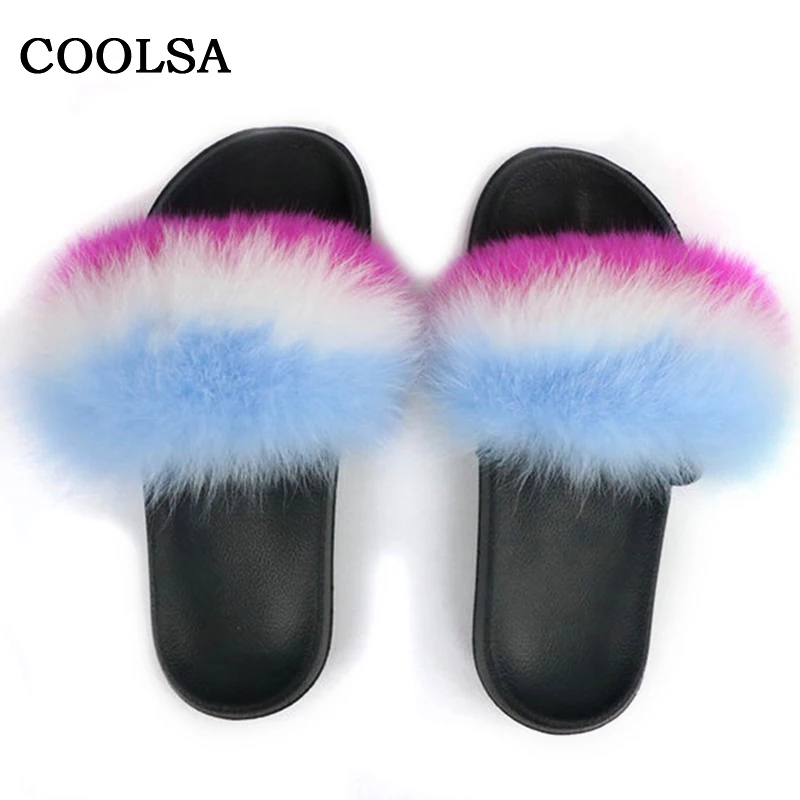 mixed color D Coolsa/летние женские шлепанцы из лисьего меха; шлепанцы без задника с натуральным мехом; женские домашние Вьетнамки; повседневные сандалии с мехом; модная пушистая плюшевая обувь - Цвет: mixed color D