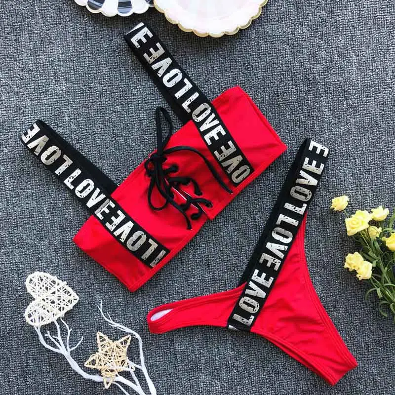 

Women Swimsuit Sexy Bikini Letter Printing Lace Up Swimming Suit For Women Strap Bikinis 2020 Mujer Beach Wear Swim Suit Bathing