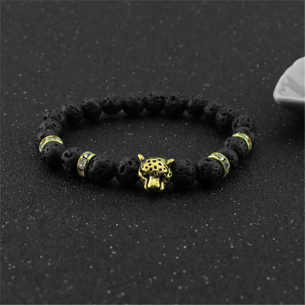 CARTER LISA Charm мужчины 8 мм Лава камень Бусины золото/серебро Леопардовый Браслет