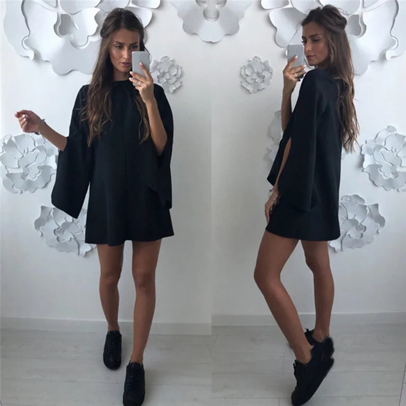 

Women Ruffled A Line Party Dress Ladies Split Long Sleeve O Neck Elegant Dress 2021Female Autumn Solid Mini Dress