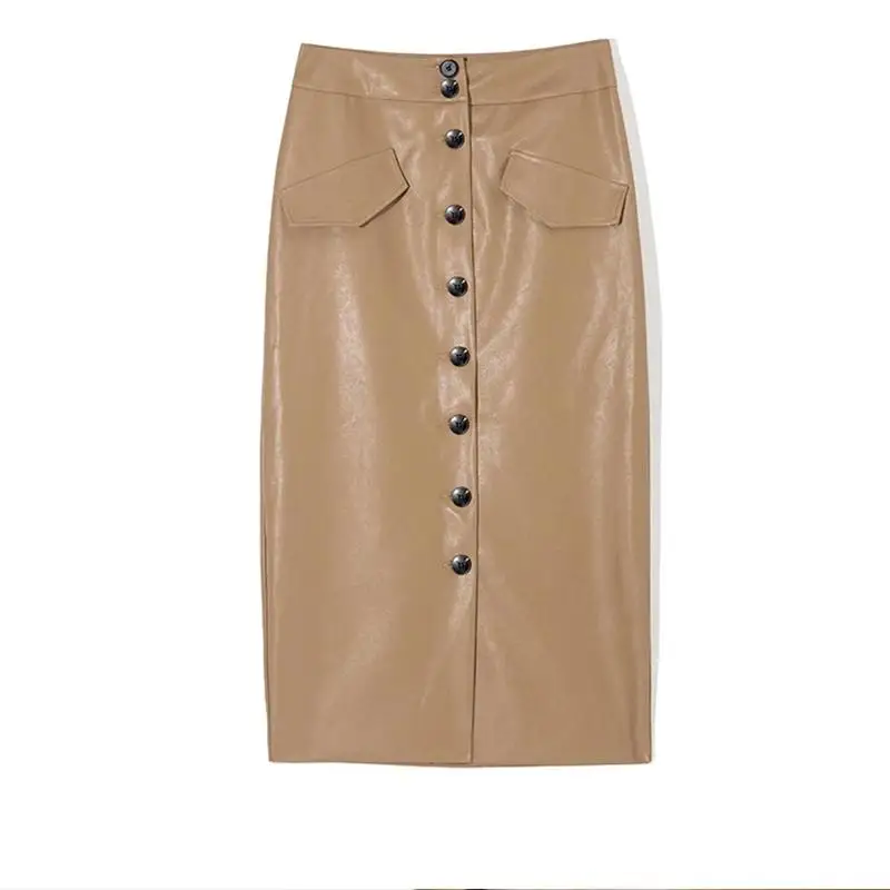 

WOTWOY Elengant High Waist Leather Penci Skirt Women Multi Button Wrapped Skirts Mujer Faldas Solid Pockets Femme Jupes New 2020