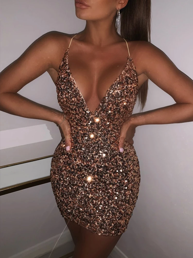 

Spring Summer Women Causal Sexy Skinny Glitter Dress Spaghetti Strap Plunge Bodycon Cami Sequin Dress