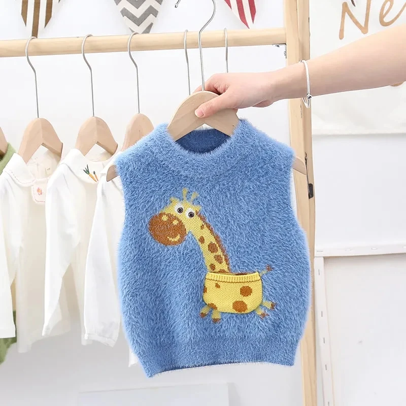 

Cartoon Giraffe Plush Vest Sleeveless Sweaters Children'S Clothing Baby Round Neck Tops Spring Autumn Winter Toddler Clothes