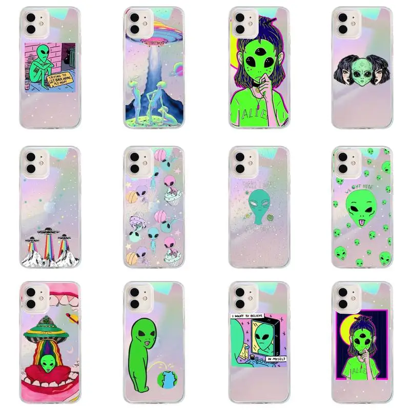 

Cartoon alien space Phone Case for iPhone huawei P 7 8 9 11 12 10 30 40 S X XS XR MINI Pro Max Plus laser Transparent Glitter